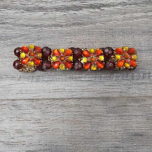 🏆Vintage Retro Gold Tone Faceted Beaded Crystal Bloom Link Stretch Bracelet - Picture 5 of 7